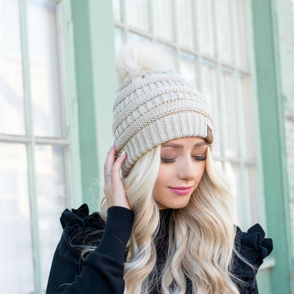 Beige C.C Stamped Pom Beanie